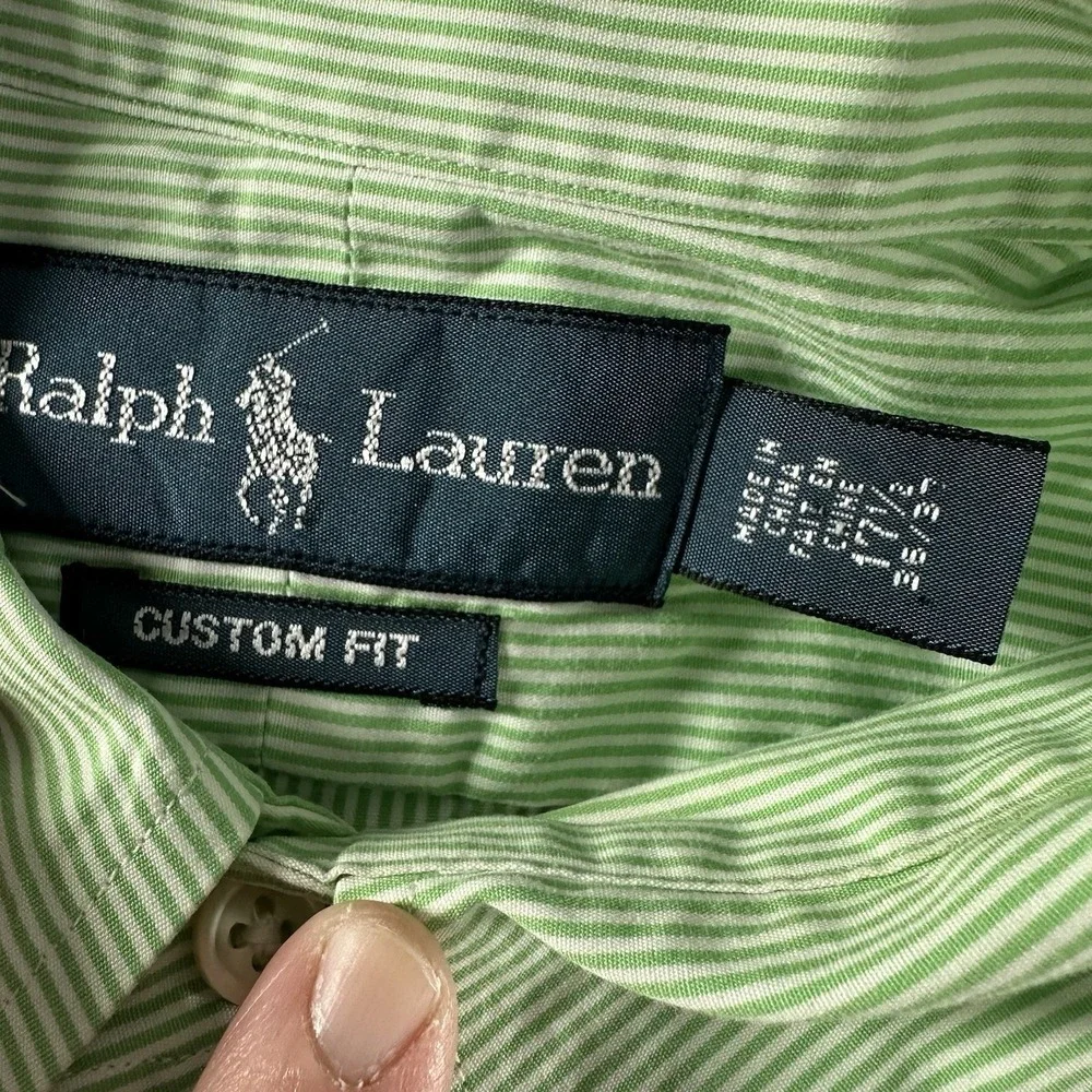 VINTAGE Polo Ralph Lauren Shirt Mens 17 1/2 Custom Fit Green Stripe Button Down‎
